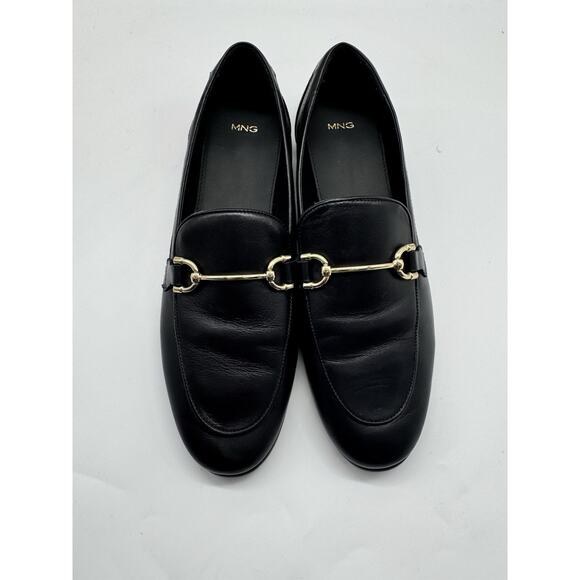 Mango Black Leather Loafers Gold Buckle Details Womens US Size 10 Euro 41 - Picture 1 of 11